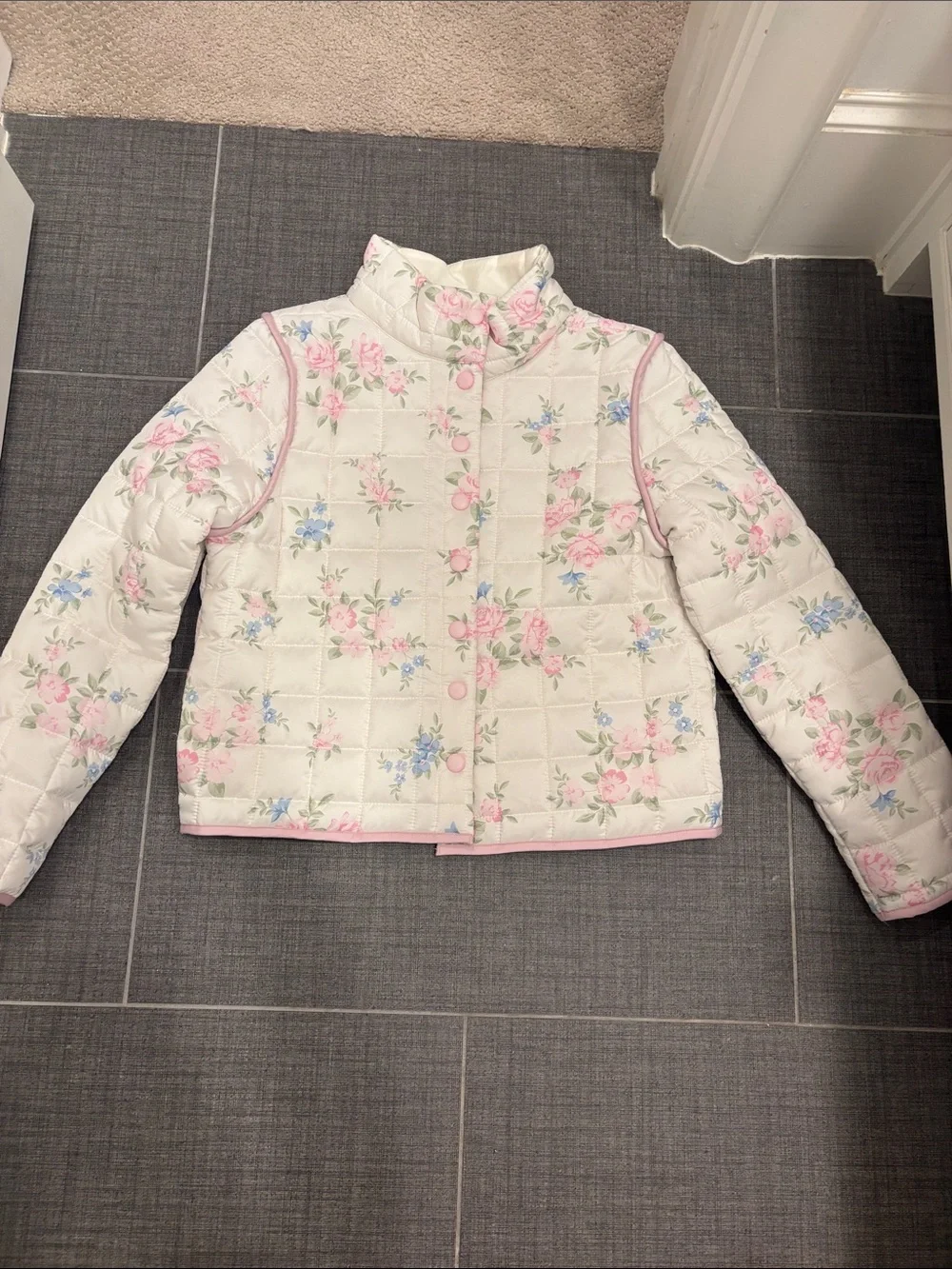 Girls' Floral Quilted Puffer Jacket - White with Pink & Blue Flowers